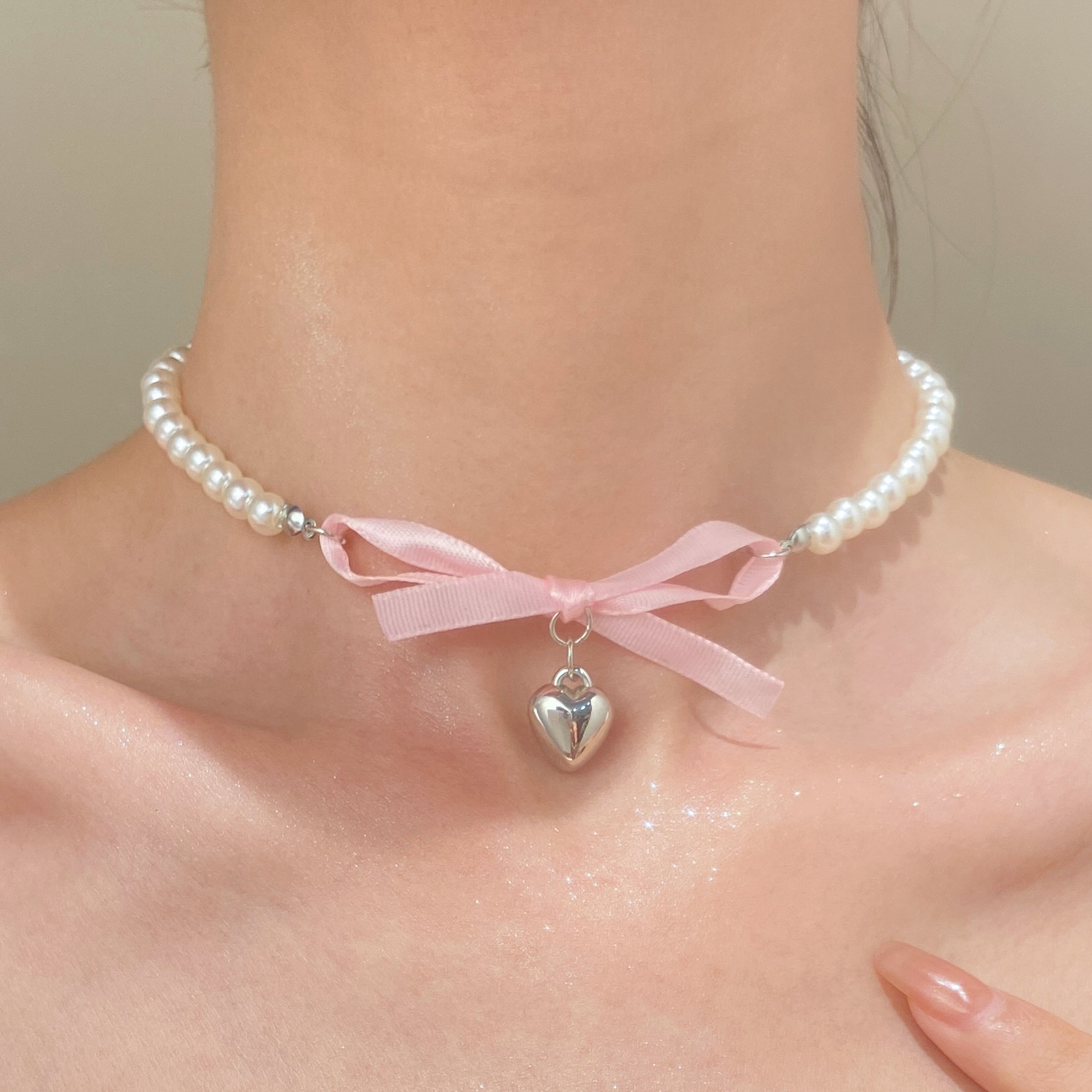 프랑스어 로맨틱 핑크 Bowknot 하트 펜던트 진주  - Pearl Trim Chain 리뷰 및 가격